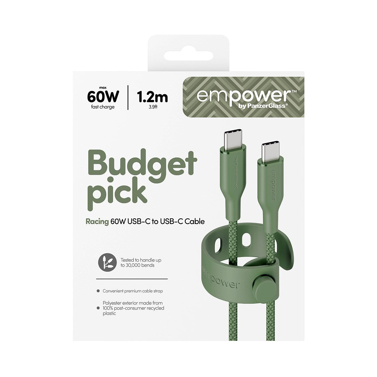 empower™ by PanzerGlass® Racing 60W USB-C to USB-C Cable | USB 2.0 | 1.2M | Sage